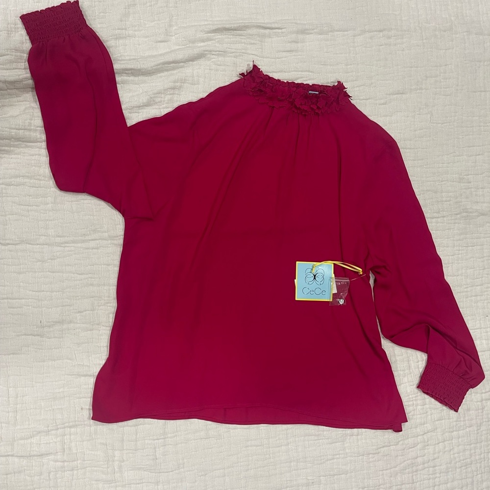 CeCe Plumeria Ruffled Long Sleeve Blouse with Mandarin Collar